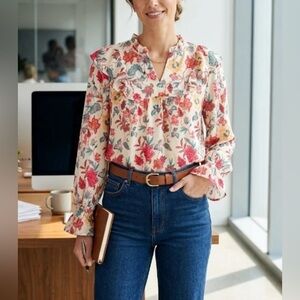 Flying Tomato Boho Floral Ruffle Blouse Romantic Prairie Top Size L